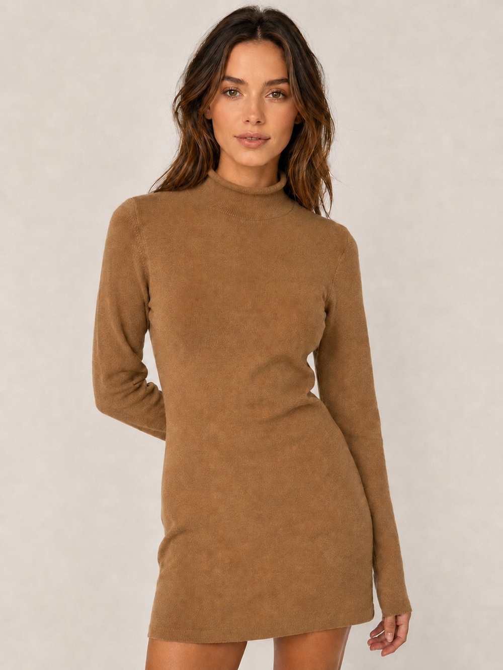 French Connection Sweater Dress Camel Knit Mock Neck Bodycon M
